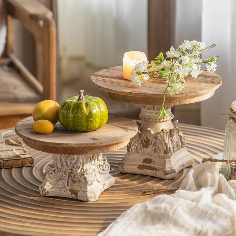 Wooden tray with white patinated foot