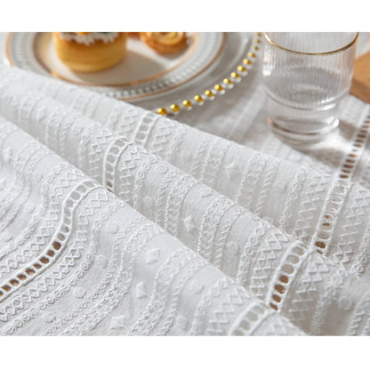 White cotton tablecloth with English embroidery and ruffles