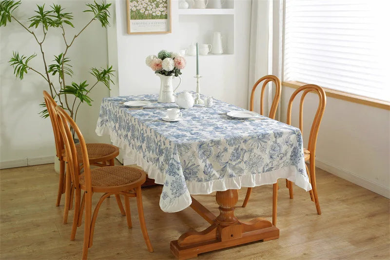 Coton tablecloth with blue embroidery and ruffles