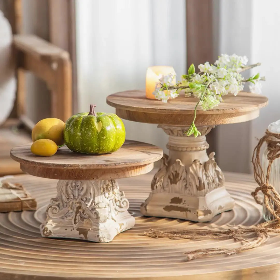 Wooden tray with white patinated foot