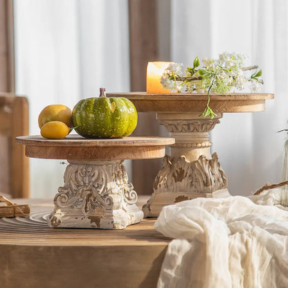 Wooden tray with white patinated foot